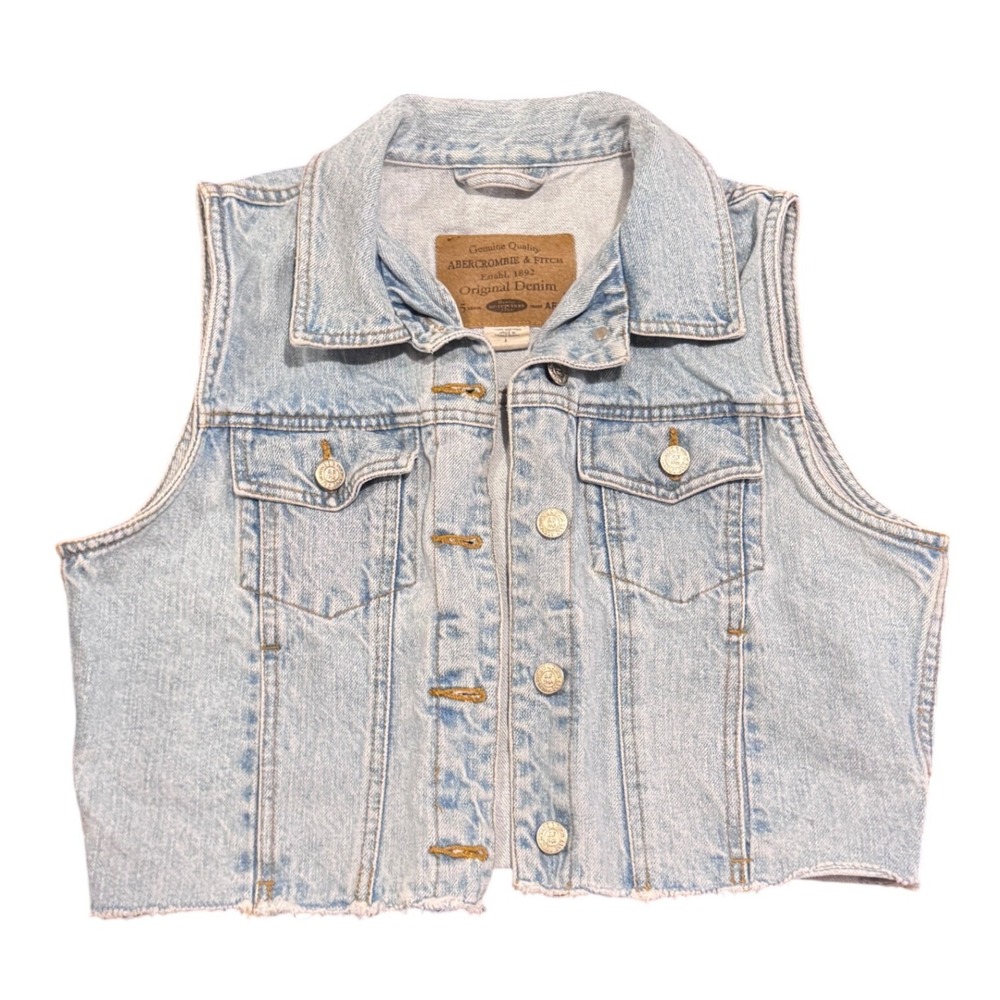 Vintage 1990s Abercrombie & Fitch Kids Blue Denim Vest Raw Hem Light Wash Large